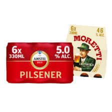 Amstel pilsener
tray van 6 flesjes/blikken à 30/33 cl
of Birra Moretti
tray van 6 flesjes à 30 cl